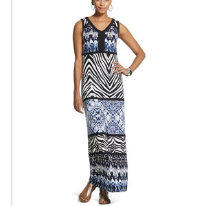 CHICO'S 3 Maxi Dress Mixed Print Tank Stretchy Zebra Ikat Resort Wear Cruise